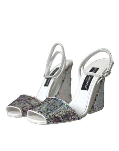 Dolce & Gabbana White Silver Sequin Ankle Strap Sandals Shoes Dolce & Gabbana