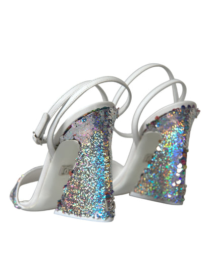 Dolce & Gabbana White Silver Sequin Ankle Strap Sandals Shoes Dolce & Gabbana