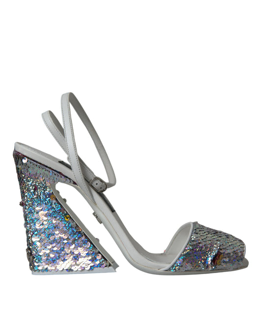 Dolce & Gabbana White Silver Sequin Ankle Strap Sandals Shoes Dolce & Gabbana