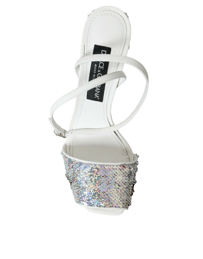 Dolce & Gabbana White Silver Sequin Ankle Strap Sandals Shoes Dolce & Gabbana