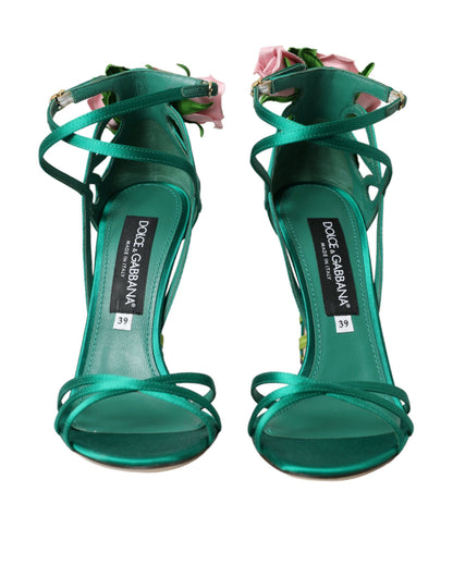 Dolce & Gabbana Green Flower Satin Heels Sandals Shoes Dolce & Gabbana