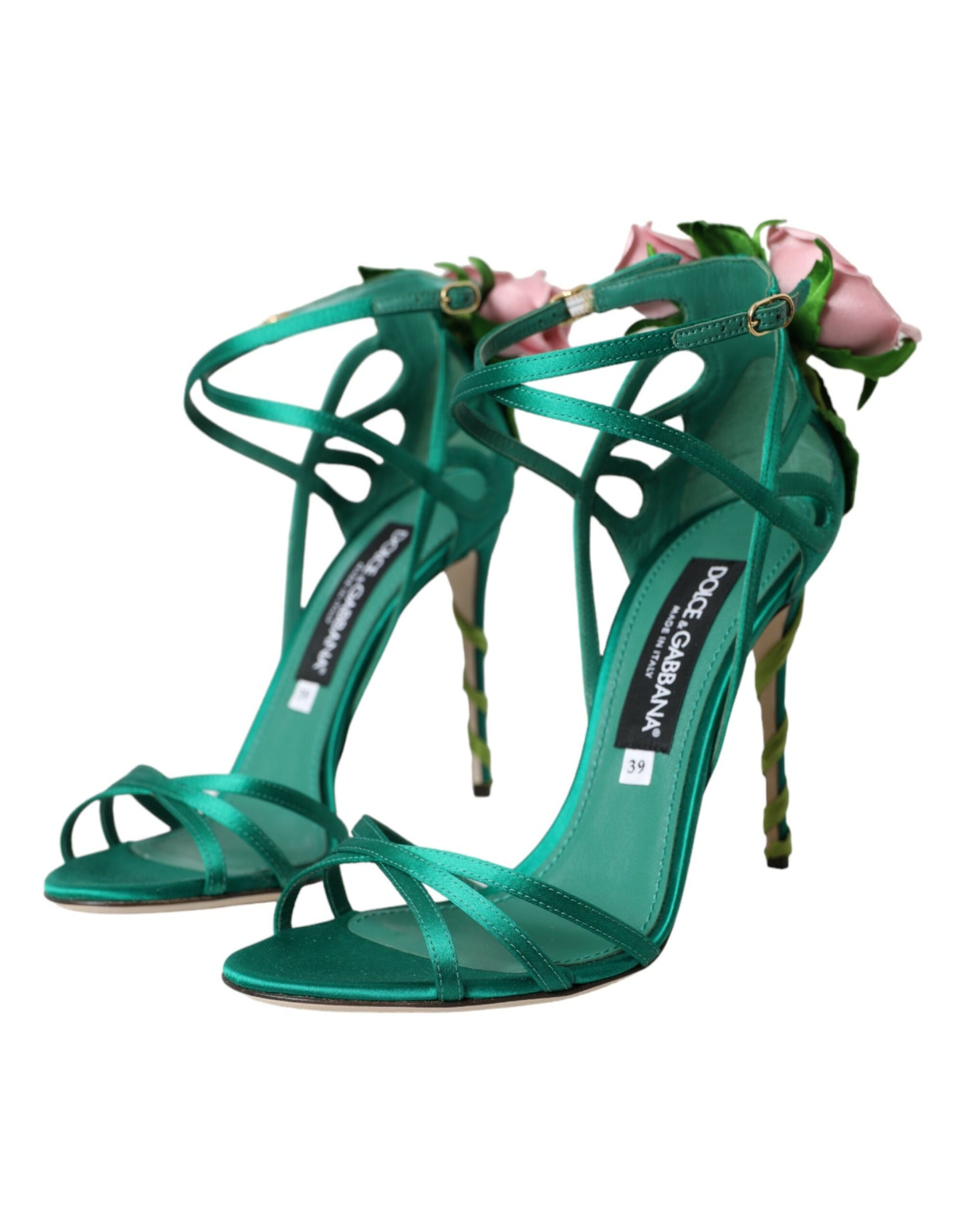 Dolce & Gabbana Green Flower Satin Heels Sandals Shoes Dolce & Gabbana