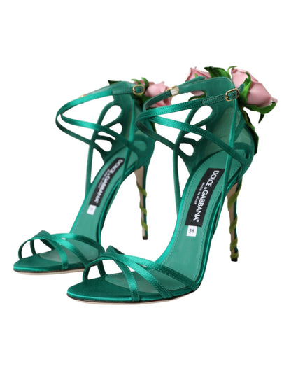 Dolce & Gabbana Green Flower Satin Heels Sandals Shoes Dolce & Gabbana