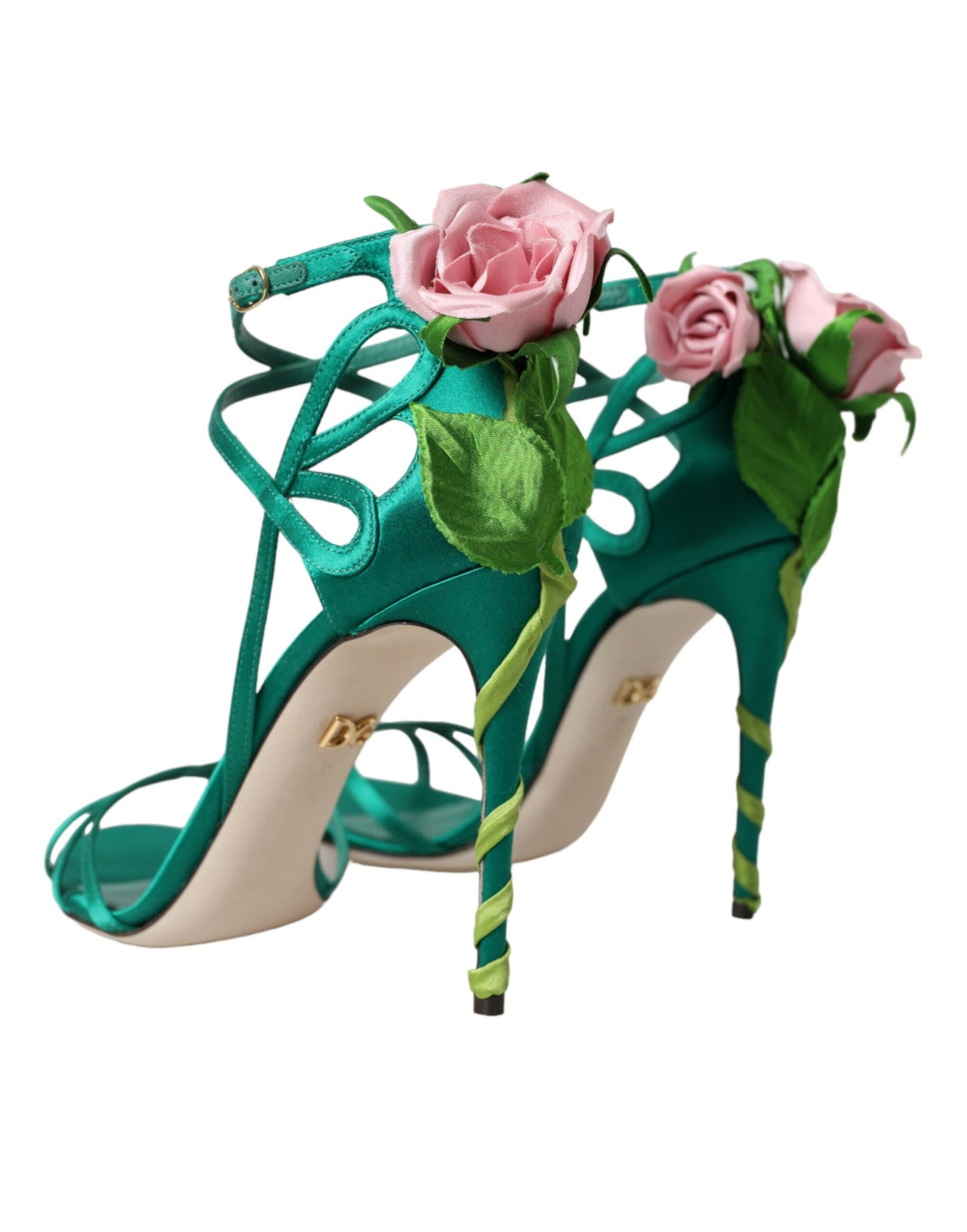 Dolce & Gabbana Green Flower Satin Heels Sandals Shoes Dolce & Gabbana