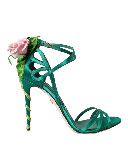 Dolce & Gabbana Green Flower Satin Heels Sandals Shoes Dolce & Gabbana