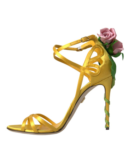 Dolce & Gabbana Yellow Flower Satin Heels Sandals Shoes Dolce & Gabbana