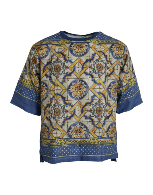 Dolce & Gabbana Multicolor Majolica Linen Short Sleeve T-shirt Dolce & Gabbana