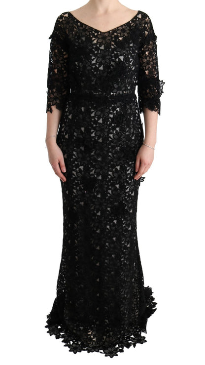 Dolce & Gabbana Elegant Black Maxi Shift Dress with Floral Applique Dolce & Gabbana