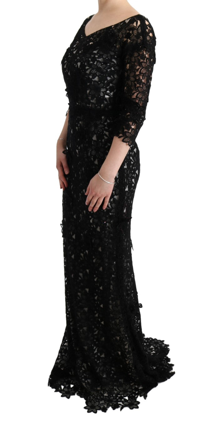 Dolce & Gabbana Elegant Black Maxi Shift Dress with Floral Applique Dolce & Gabbana