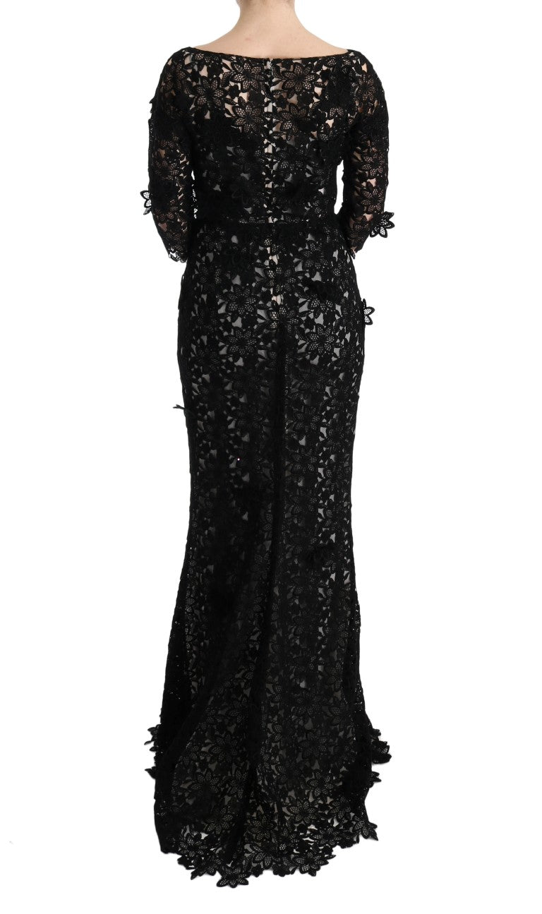 Dolce & Gabbana Elegant Black Maxi Shift Dress with Floral Applique Dolce & Gabbana