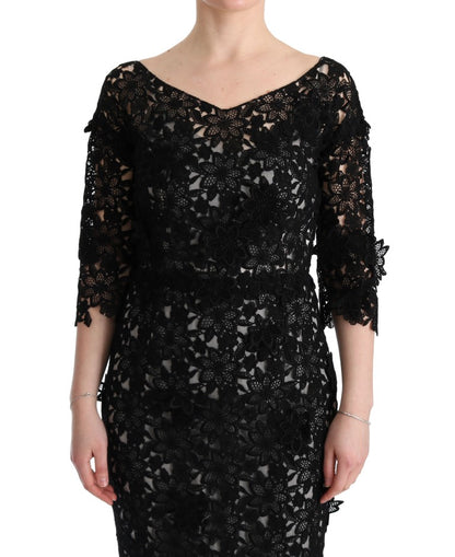 Dolce & Gabbana Elegant Black Maxi Shift Dress with Floral Applique Dolce & Gabbana