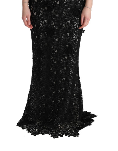 Dolce & Gabbana Elegant Black Maxi Shift Dress with Floral Applique Dolce & Gabbana