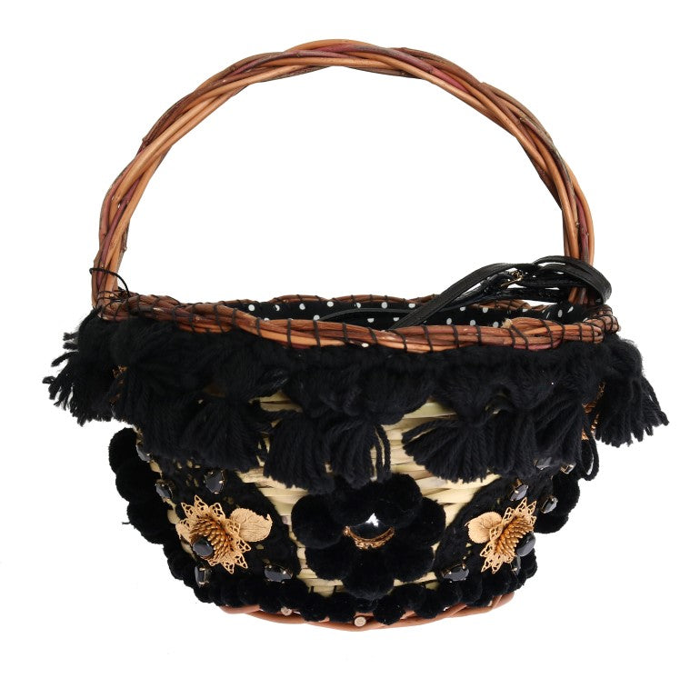 Dolce & Gabbana Chic Beige & Black Straw Snakeskin Bucket Bag Dolce & Gabbana