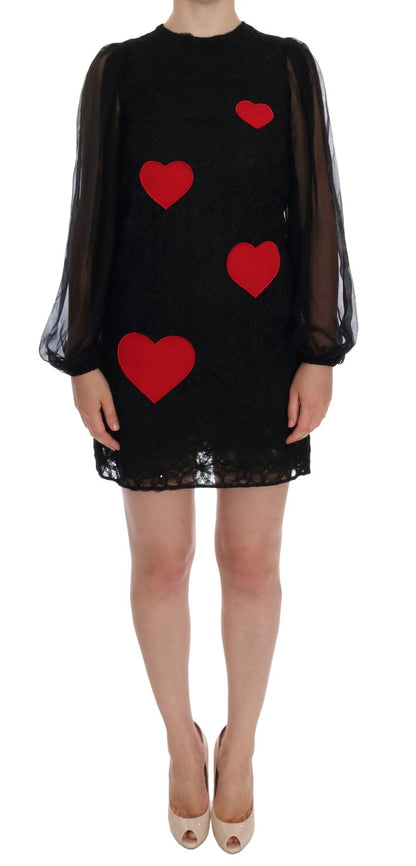 Dolce & Gabbana Elegant Black Lace Heart Applique Shift Dress Dolce & Gabbana