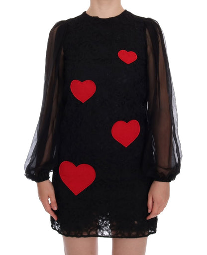 Dolce & Gabbana Elegant Black Lace Heart Applique Shift Dress Dolce & Gabbana