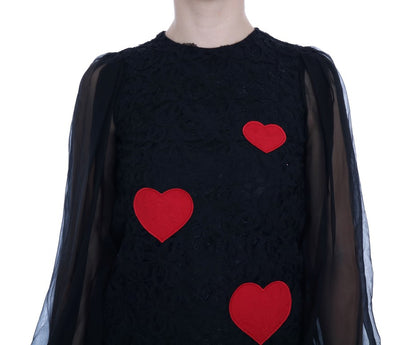 Dolce & Gabbana Elegant Black Lace Heart Applique Shift Dress Dolce & Gabbana