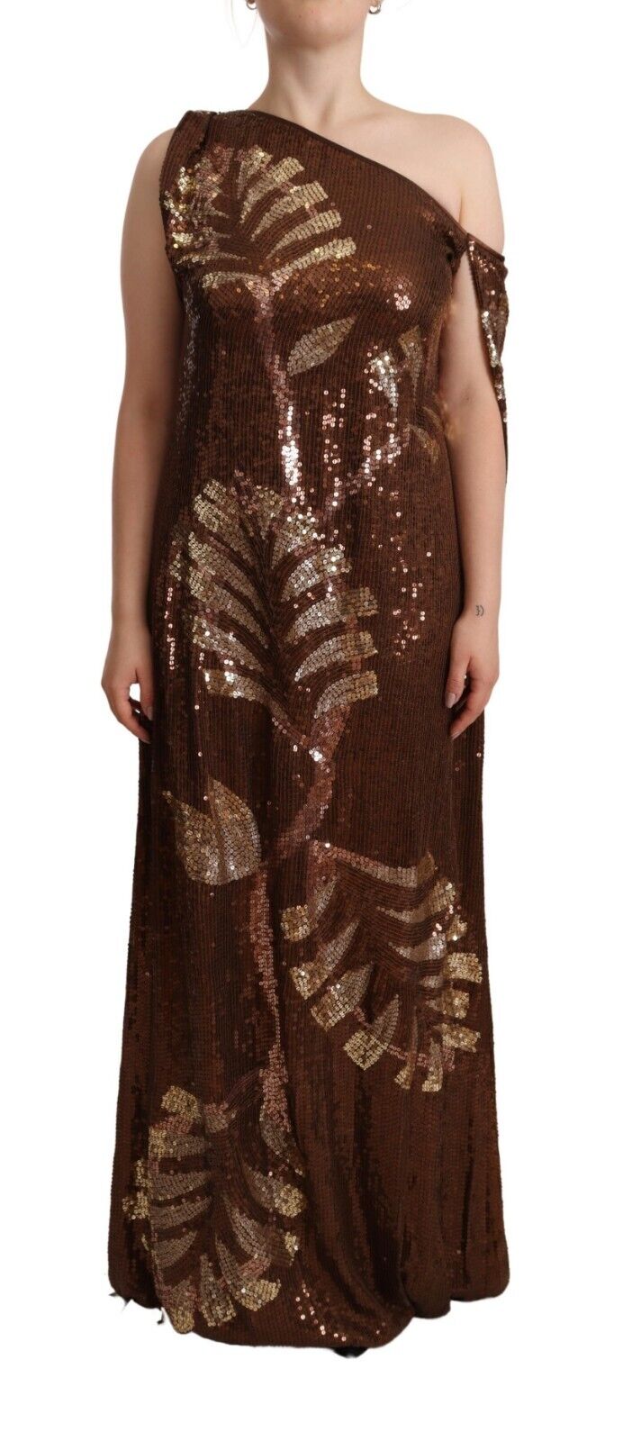 Dsquared² Brown Leaf Sequined Shift One Shoulder Long Dress Dsquared²