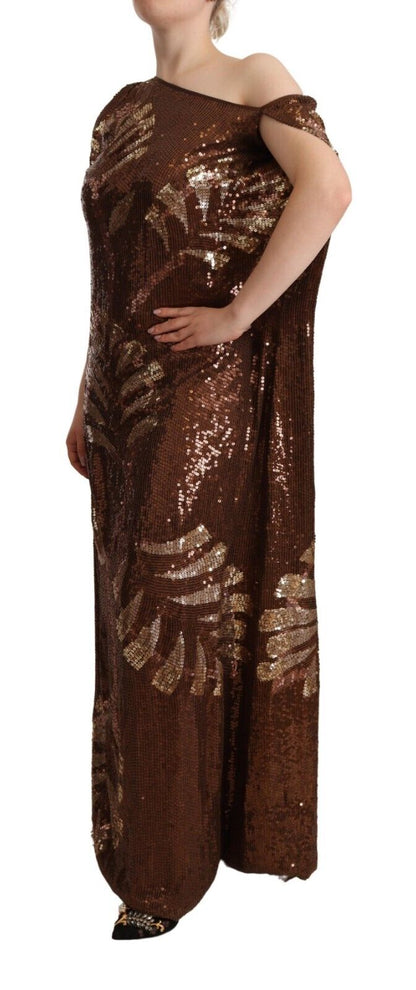 Dsquared² Brown Leaf Sequined Shift One Shoulder Long Dress Dsquared²