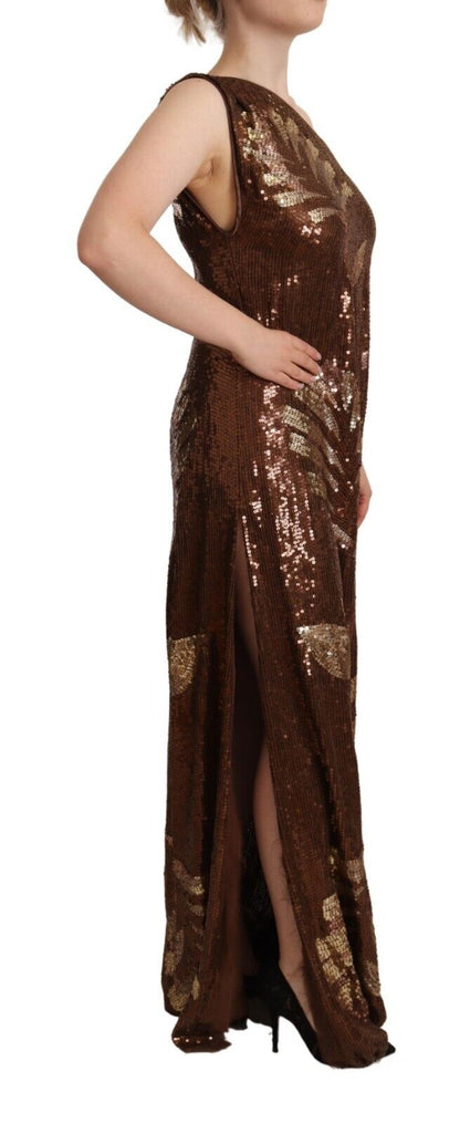 Dsquared² Brown Leaf Sequined Shift One Shoulder Long Dress Dsquared²