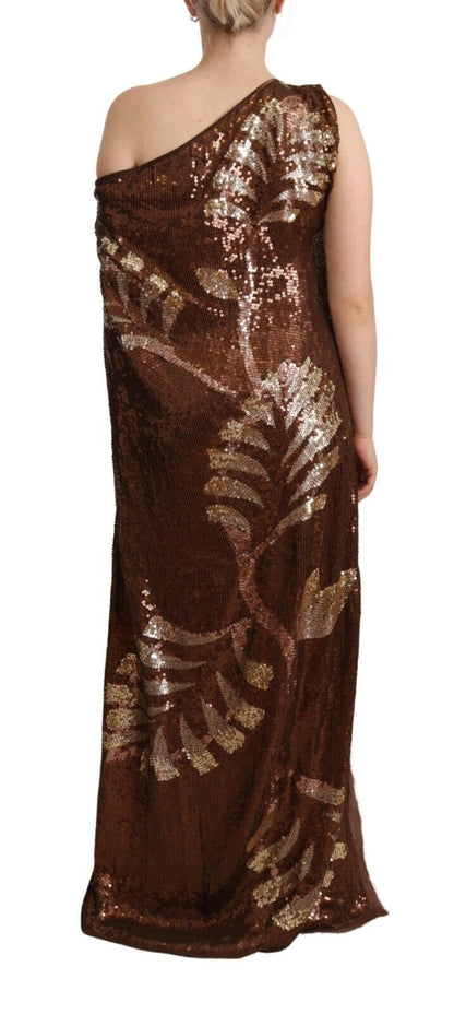 Dsquared² Brown Leaf Sequined Shift One Shoulder Long Dress Dsquared²