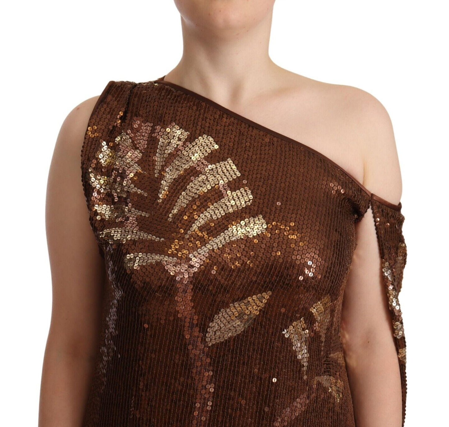 Dsquared² Brown Leaf Sequined Shift One Shoulder Long Dress Dsquared²