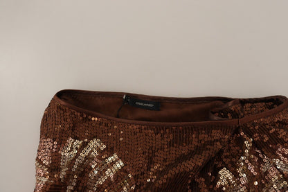 Dsquared² Brown Leaf Sequined Shift One Shoulder Long Dress Dsquared²