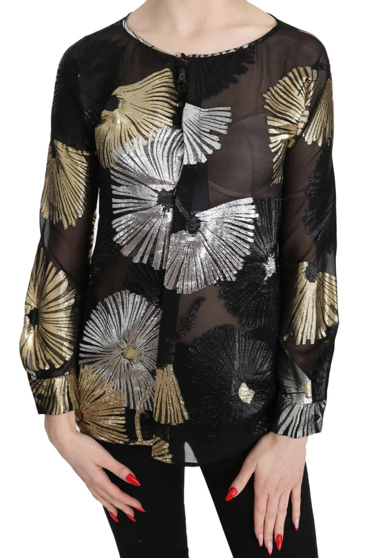 Dsquared² Gold Silver Silk Jacquard See Through Top Blouse Dsquared²