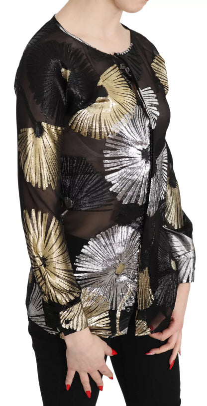 Dsquared² Gold Silver Silk Jacquard See Through Top Blouse Dsquared²