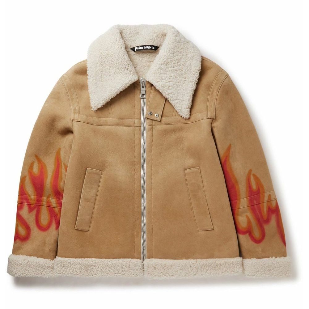 Palm Angels Flame Accented Suede Shearling Jacket Palm Angels