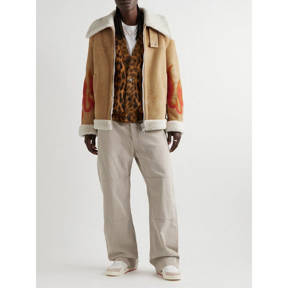 Palm Angels Flame Accented Suede Shearling Jacket Palm Angels