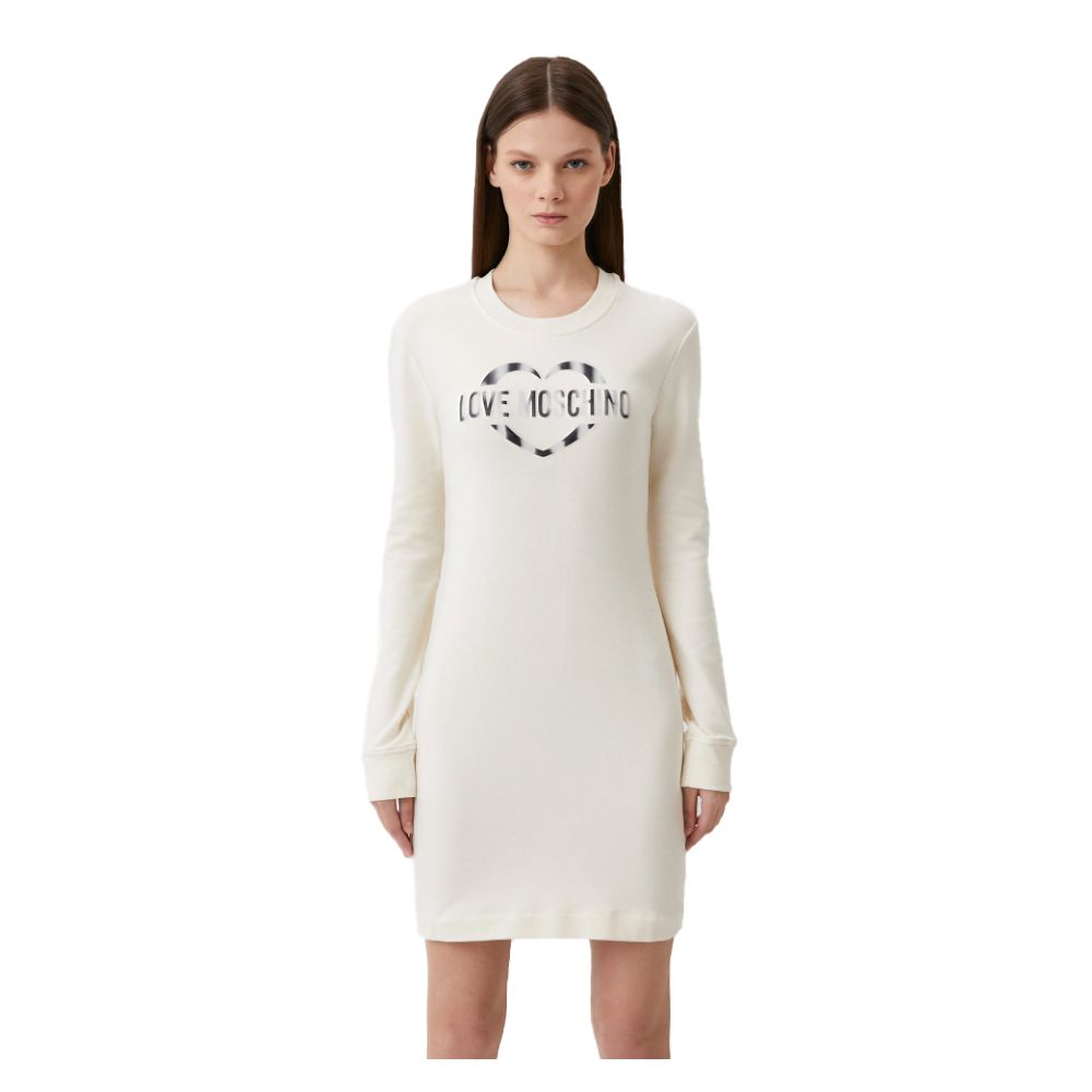 Love Moschino Chic White Cotton Blend Dress with Logo Accent Love Moschino