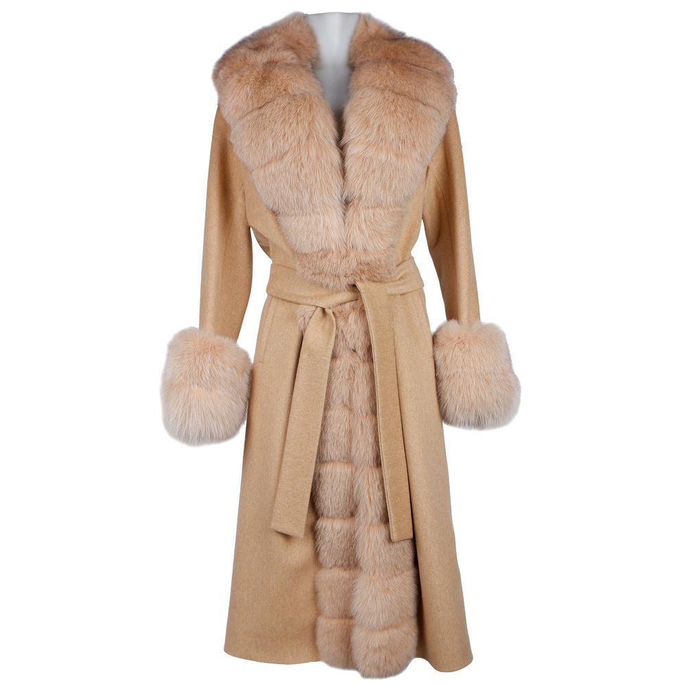 Made in Italy Elegant Beige Wool Coat with Fox Fur Trim Made in Italy