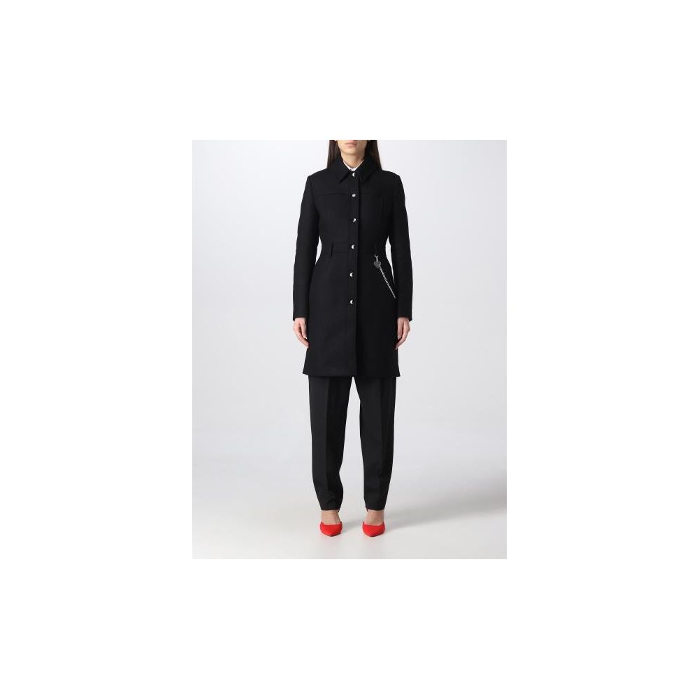 Love Moschino Elegant Black Wool Coat with Silver Chain Detail Love Moschino