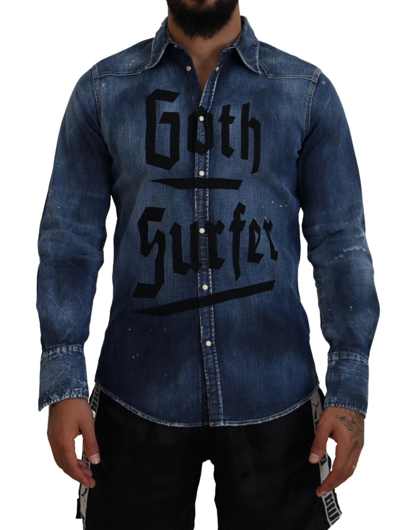 Dsquared² Blue Washed Goth Surfer Print Men Denim Shirt Dsquared²