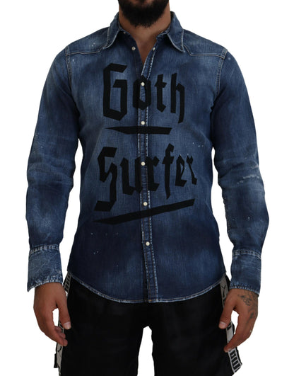 Dsquared² Blue Washed Goth Surfer Print Men Denim Shirt Dsquared²