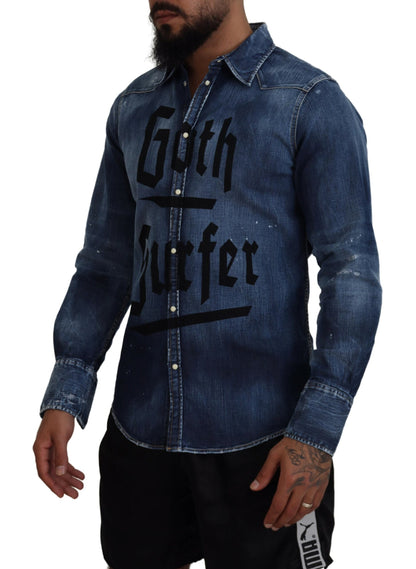 Dsquared² Blue Washed Goth Surfer Print Men Denim Shirt Dsquared²