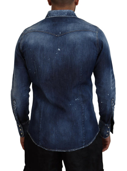 Dsquared² Blue Washed Goth Surfer Print Men Denim Shirt Dsquared²