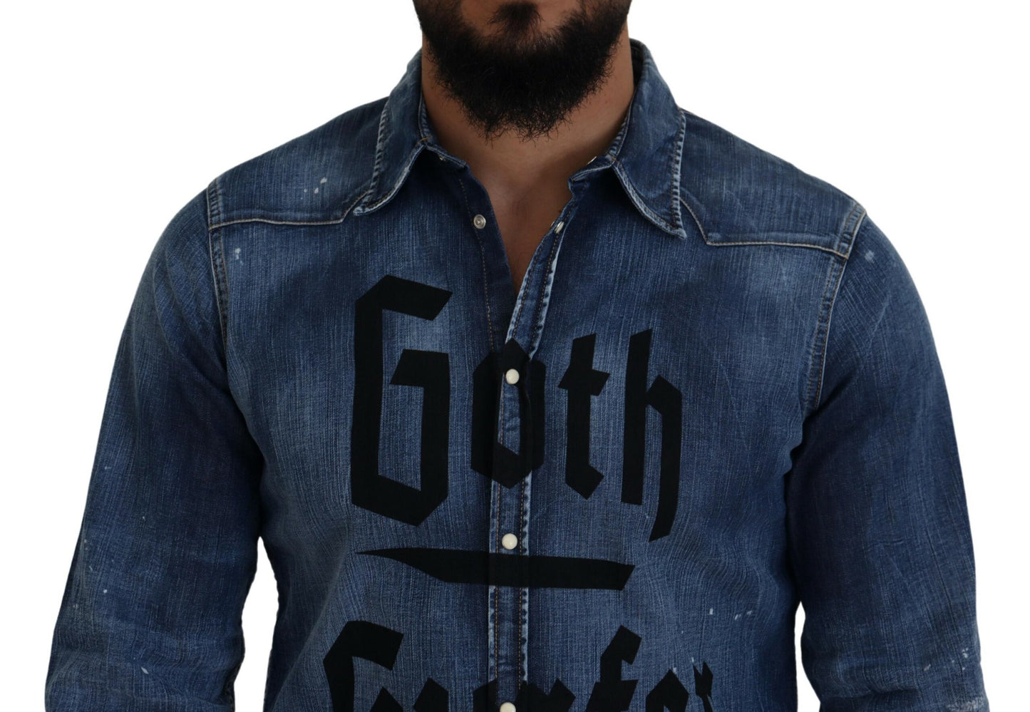 Dsquared² Blue Washed Goth Surfer Print Men Denim Shirt Dsquared²