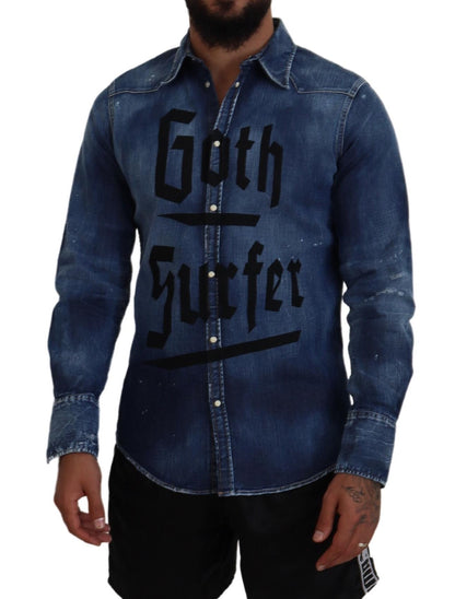 Dsquared² Blue Washed Goth Surfer Print Men Denim Shirt Dsquared²