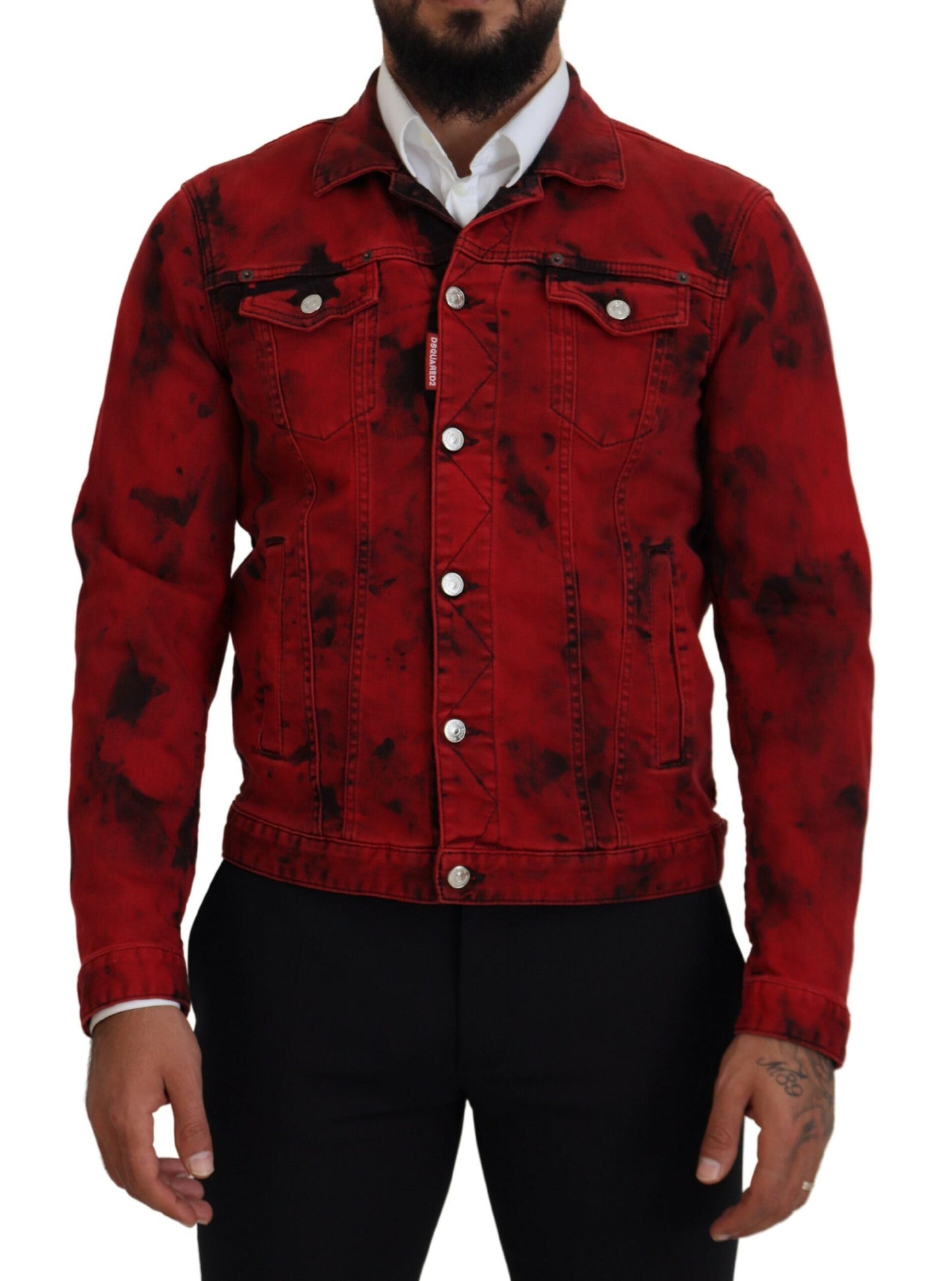 Dsquared² Red Black Tie Dye Collared Men Denim Jacket Dsquared²