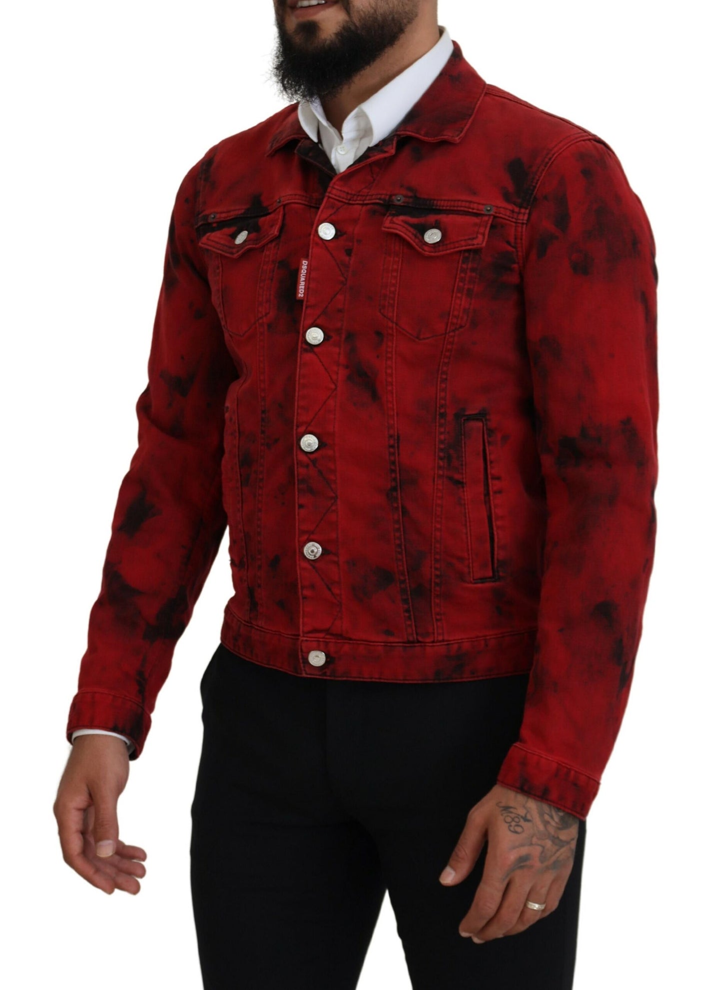 Dsquared² Red Black Tie Dye Collared Men Denim Jacket Dsquared²