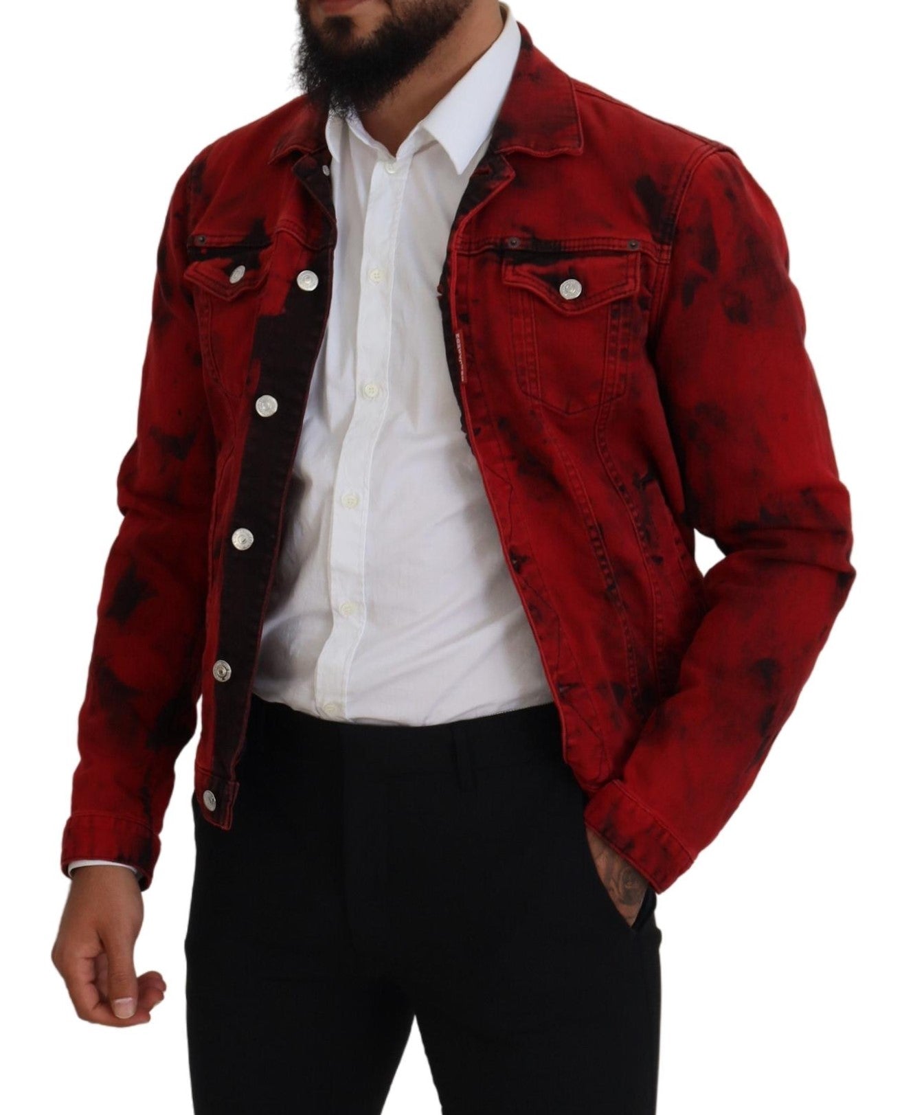 Dsquared² Red Black Tie Dye Collared Men Denim Jacket Dsquared²