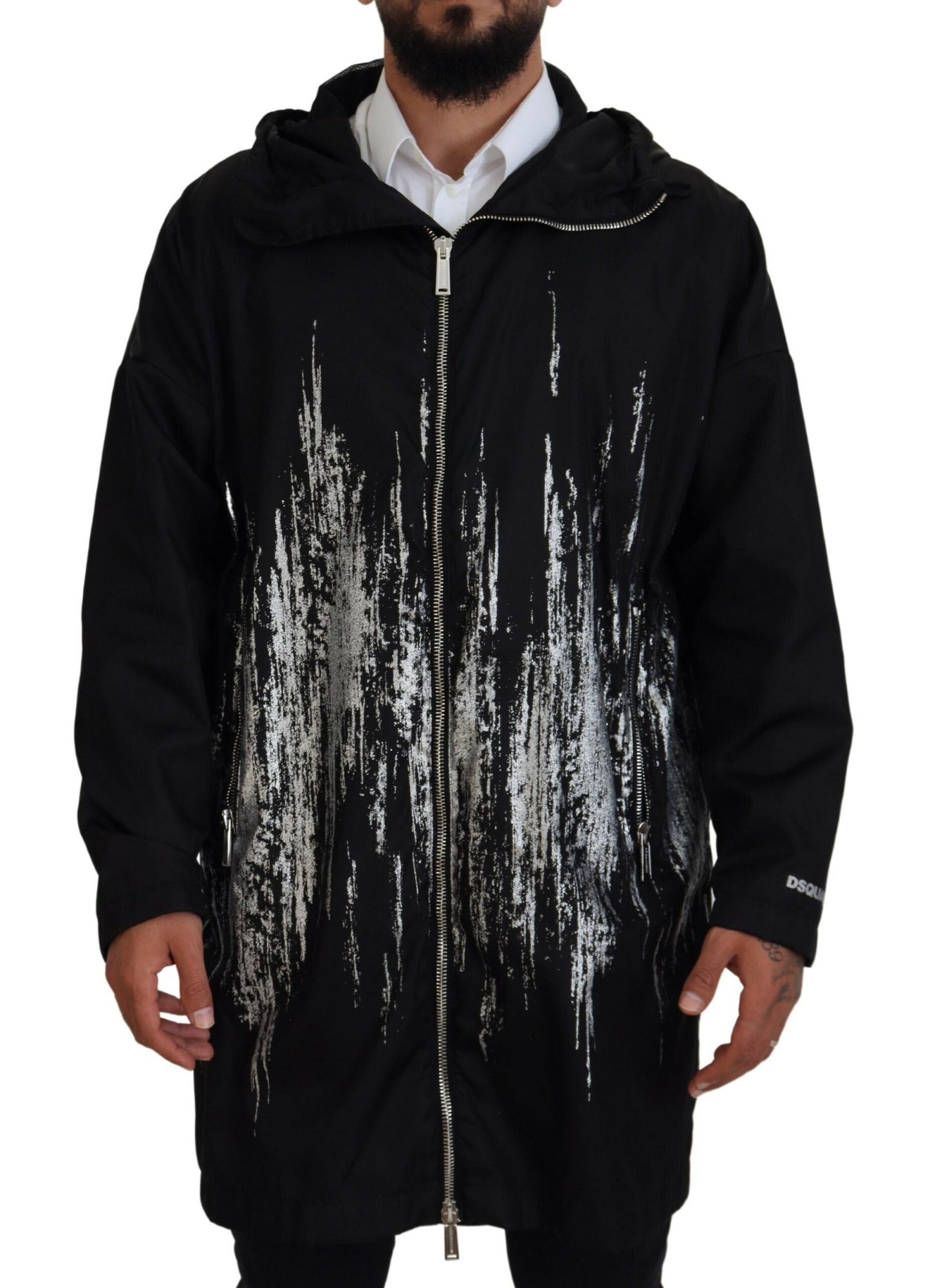 Dsquared² Black White Print Long Hooded Coat Nylon Jacket Dsquared²