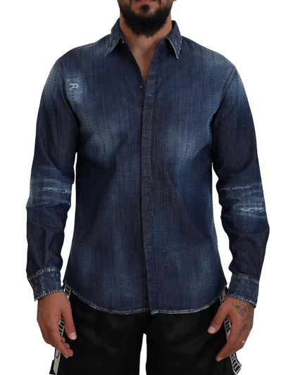 Dsquared² Blue Tattered Crystal Embellished Denim Shirt Dsquared²