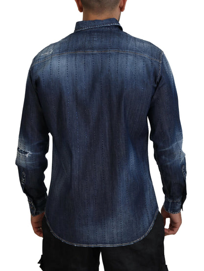 Dsquared² Blue Tattered Crystal Embellished Denim Shirt Dsquared²