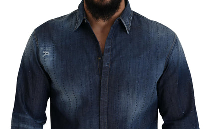 Dsquared² Blue Tattered Crystal Embellished Denim Shirt Dsquared²