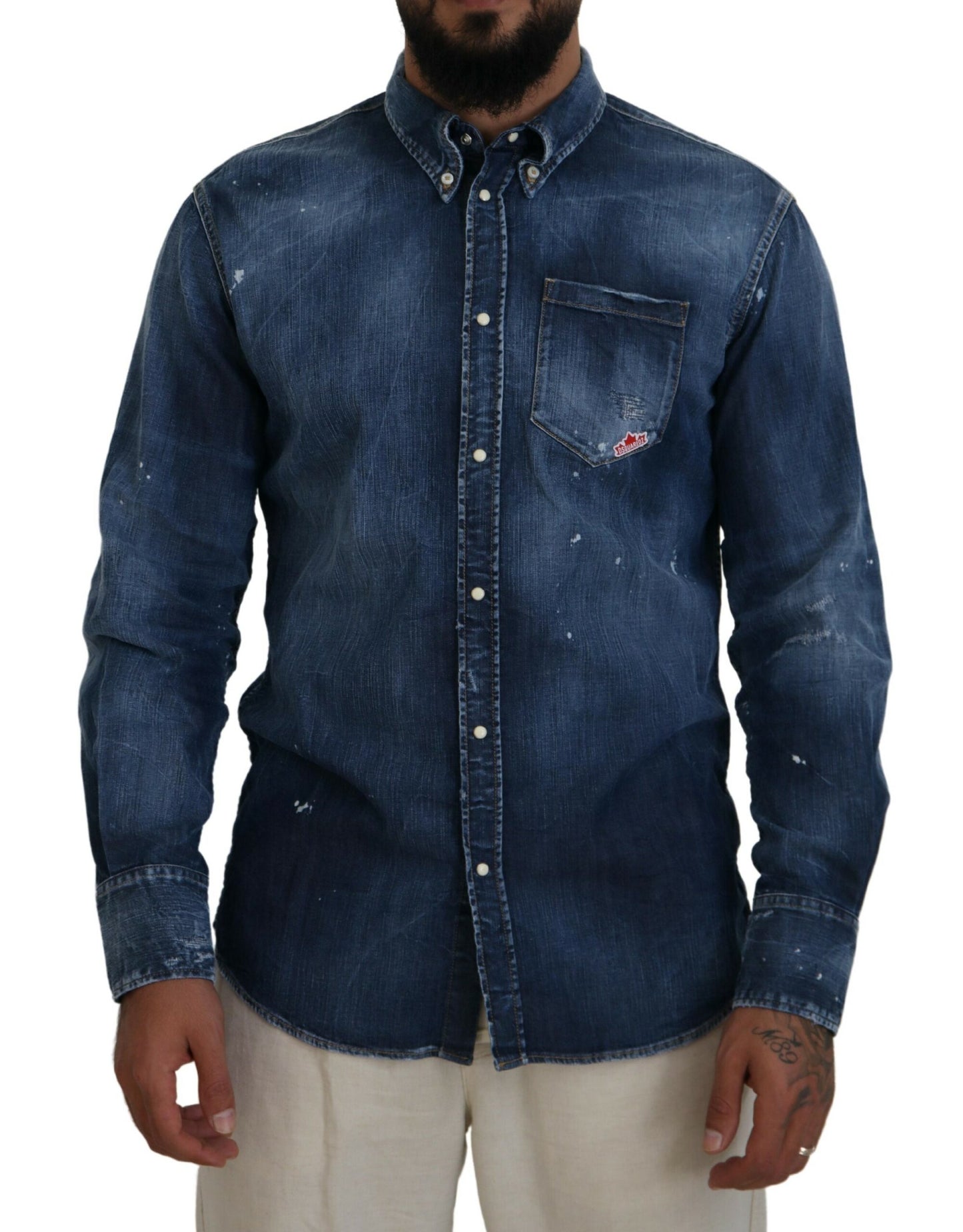 Dsquared² Blue Washed Collared Men Casual Long Sleeves Shirt Dsquared²