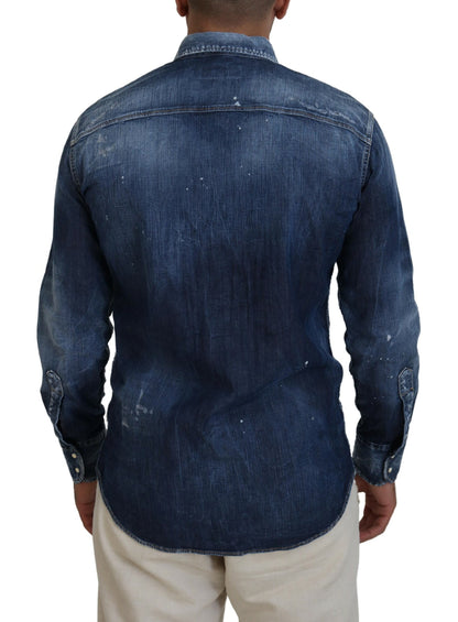 Dsquared² Blue Washed Collared Men Casual Long Sleeves Shirt Dsquared²