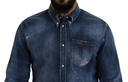 Dsquared² Blue Washed Collared Men Casual Long Sleeves Shirt Dsquared²