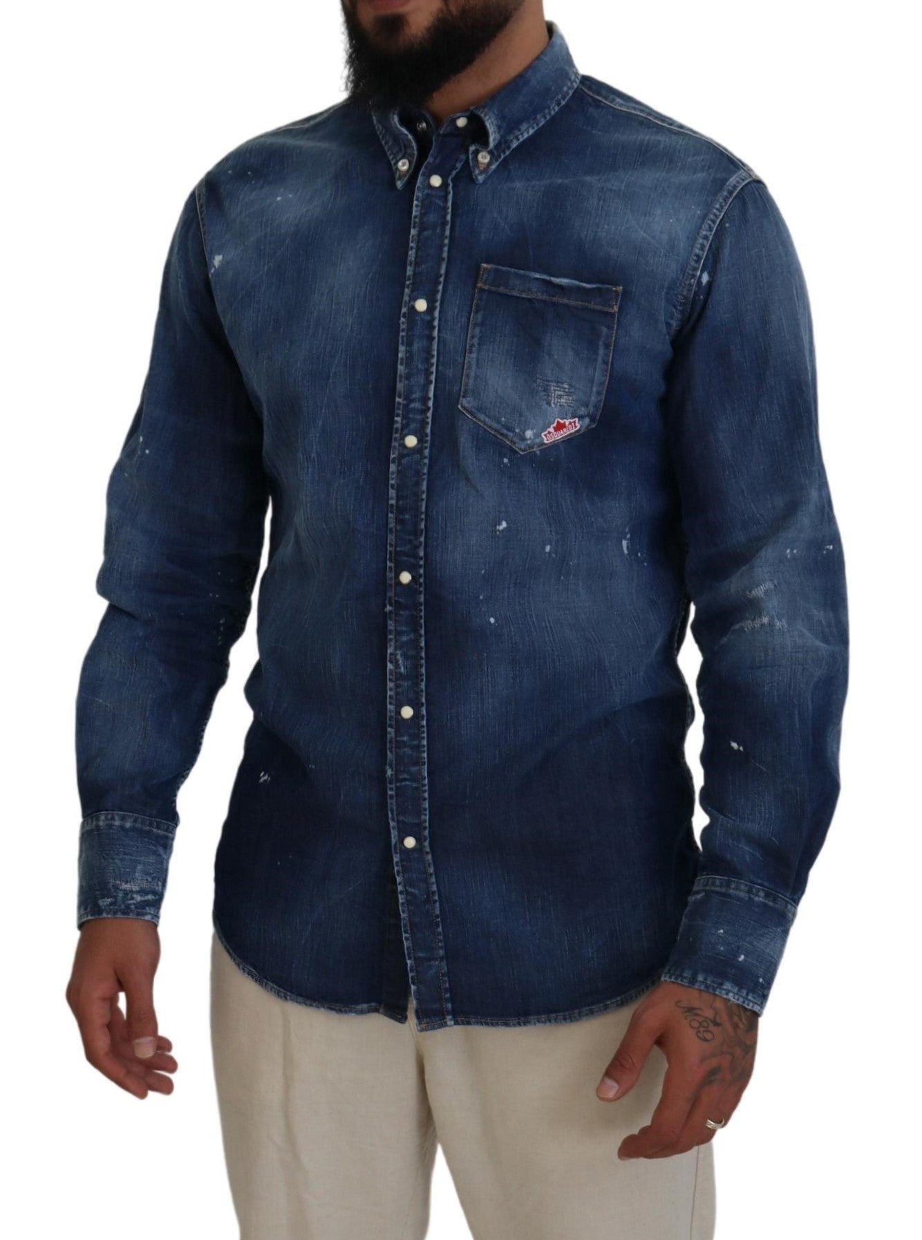 Dsquared² Blue Washed Collared Men Casual Long Sleeves Shirt Dsquared²